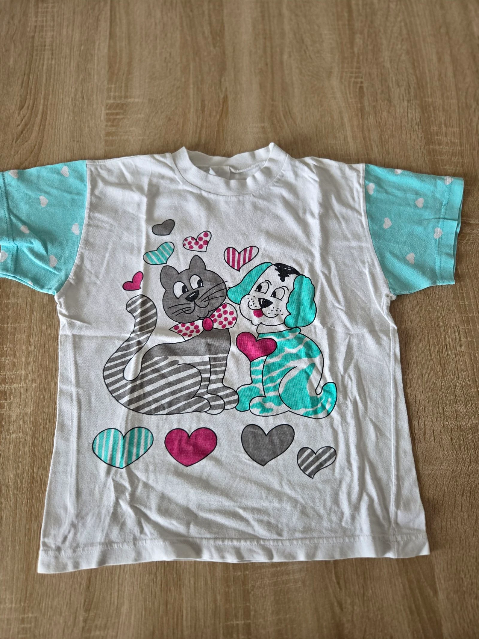 Conjunto vintage de verão camiseta e shorts branco e menta com estampa de cachorro gato coração tamanho 6 anos 114 cm – photo 6